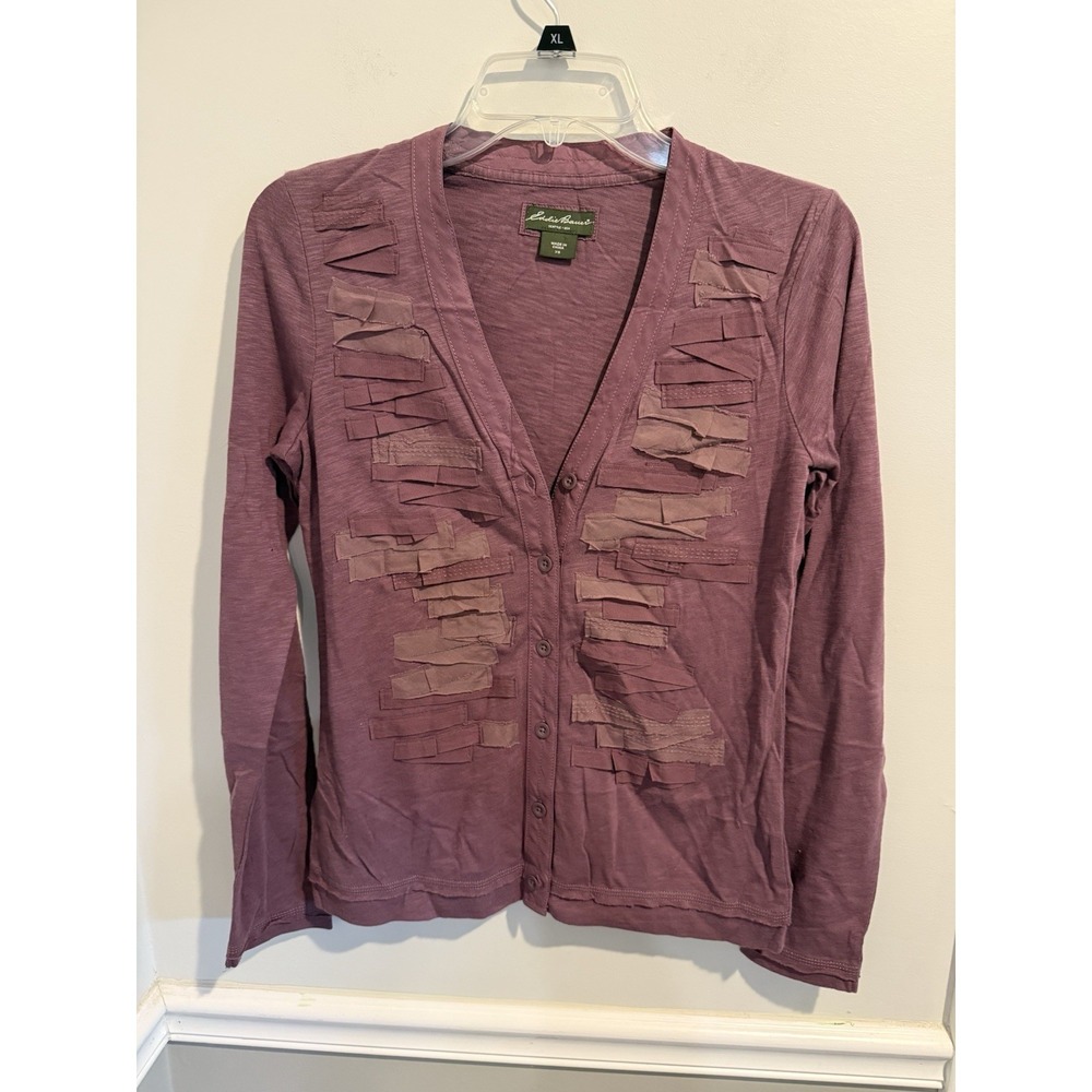 Eddie Bauer Cardigan Sweater Size XS with Distinctive Ruffled Ribbon muted plum